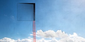 Image of ladder arising form clouds to an open door in the sky. Credit: themacx/Getty