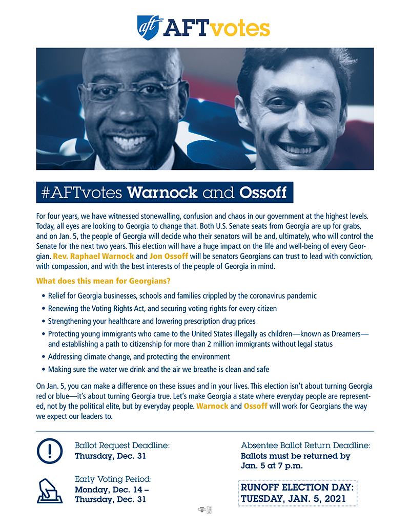 Flyer: #AFTvotes Warnock and Ossoff